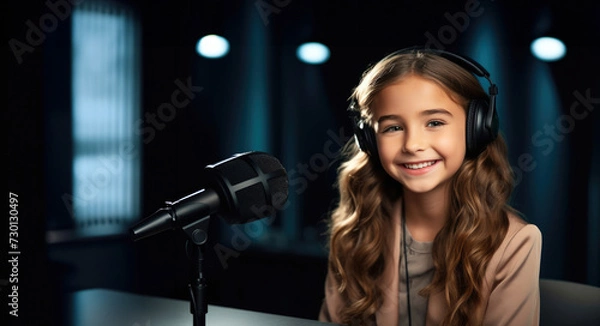 Obraz Young girls blogger or video content creator sitting at the table with the microphone in the front, blurred blue background