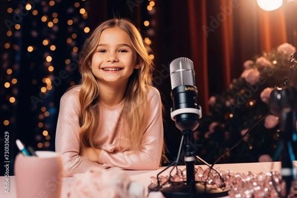 Fototapeta Young girls blogger or video content creator sitting at the table with the microphone in the front, blurred background with lights bokeh