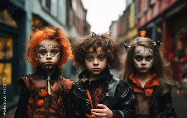 Obraz Halloween celebrations. Three children with face paint, wigs and dressing up costumes in the street, trick and treating