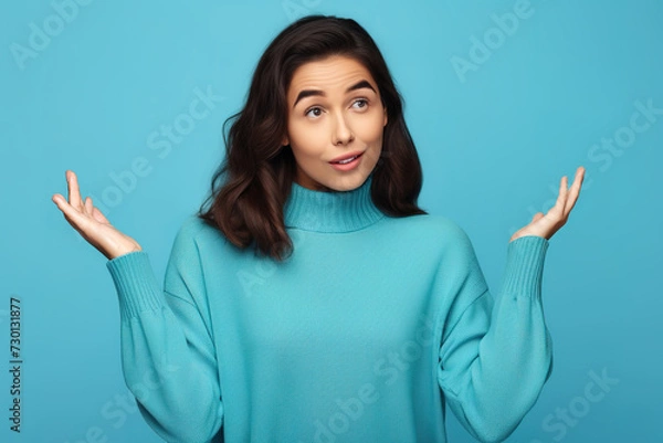 Fototapeta Young woman with arms out, shrugging her shoulders, saying: who cares, so what, I don't know. Isolated studio shot on blue background. Whatever gesture.