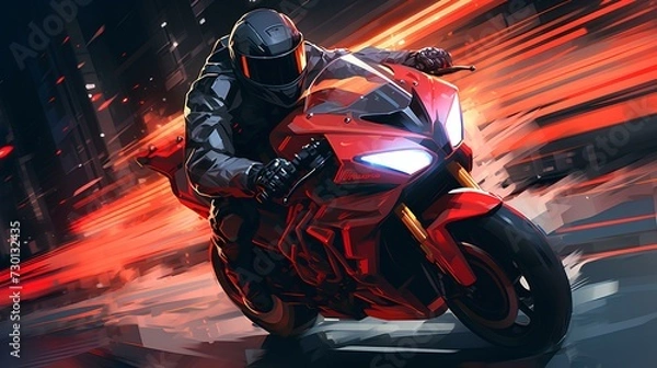Fototapeta a man riding motorcycle with speed lights on the night