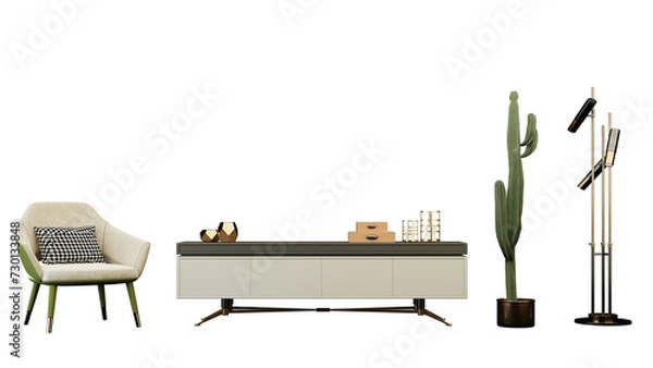 Fototapeta Comfortable Living Room with Stylish Sofa and Pillows Interior furniture set 3D render. Living room house floor template background mockup design , isolated on transparent background
