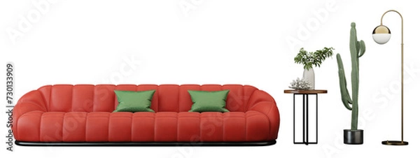 Fototapeta Comfortable Living Room with Stylish Sofa and Pillows Interior furniture set 3D render. Living room house floor template background mockup design , isolated on transparent background
