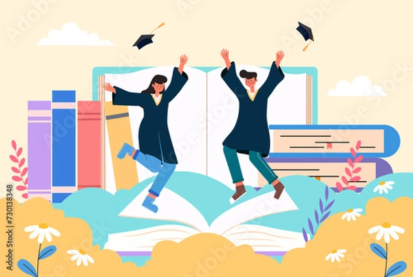 Fototapeta Vector illustration of two students celebrating graduation