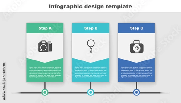 Fototapeta Set Photo camera, Magnifying glass and First aid kit. Business infographic template. Vector