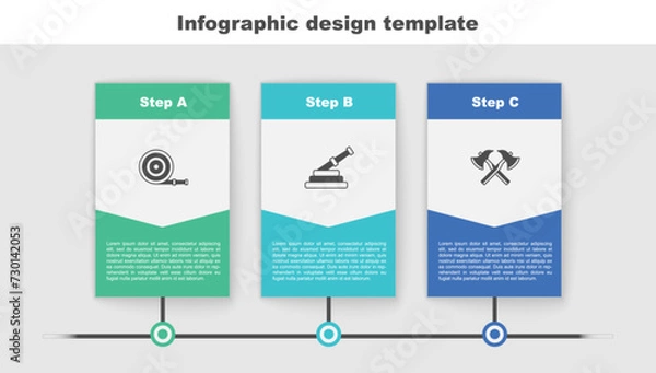 Fototapeta Set Fire hose reel, and Firefighter axe. Business infographic template. Vector