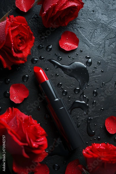 Fototapeta Beautiful red lipstick and red rose flowers with water drops on black background.