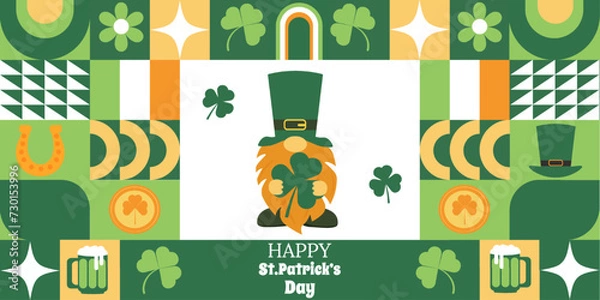 Obraz Happy St. Patrick's Day. Geometric horizontal background with abstract shapes . The traditional elements of the Irish holiday are depicted. Trending vector illustration for banners, posters.
