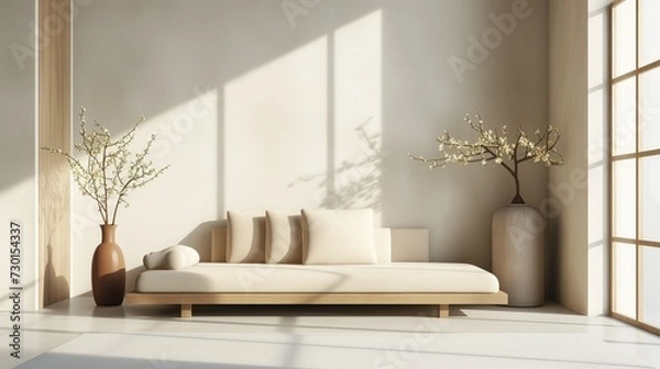 Fototapeta Empty light pastel minimalistic room interior with vases, ikebana and sofa in Japanese style decor for zen practices