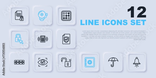 Fototapeta Set line Umbrella, Ringing alarm bell, Security keypad access panel, Safe, Lock, Eye scan, and Open padlock icon. Vector