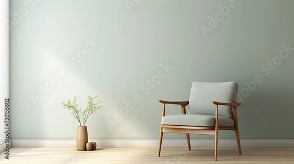 Fototapeta minimalist room with a sage green chair and wooden frames, bathed in the soft light of dawn