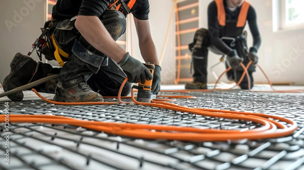 Fototapeta Workers Installing Radiant Floor Heating System