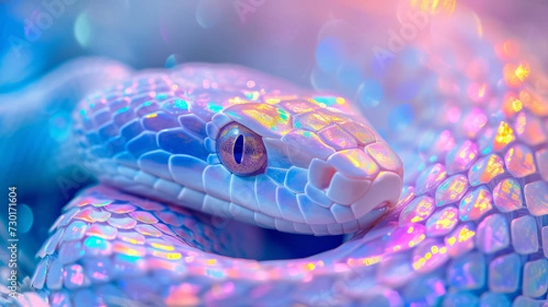 Fototapeta Opal rainbow snake closeup, Color sparkle snake on branch. Magic snake on a glitter background.