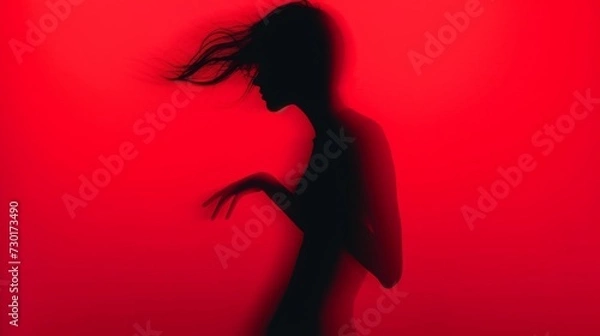 Fototapeta Female blurred silhouette on a red background. Elegant outline of a woman in motion out of focus