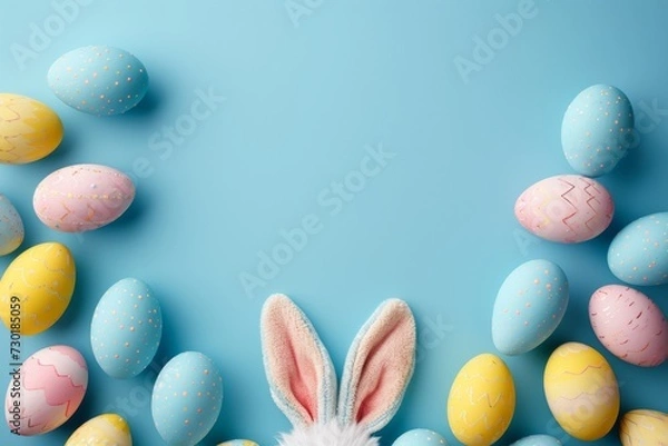Fototapeta pastel color easter eggs with cute toy bunny ears on pastel blue studio background, Happy Easter postcard with colorful eggs, easter celebration postcard, copyspace, top view
