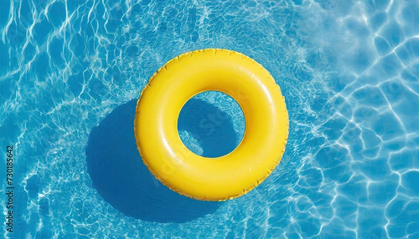 Fototapeta yellow swimming pool ring float in blue water. concept summer background, top view with copyspace