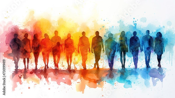 Fototapeta group of multicolor watercolor painted people, concept of Belonging Inclusion Diversity Equity DEIB, isolated on white background, tshirts print, cards, unity , bonding
