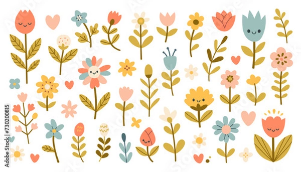 Fototapeta Isolated set with cute spring flowers and leaves in flat style. Kids design, for fabric, wrapping, textile, wallpaper