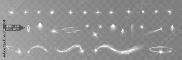 Fototapeta Light white wave and spotlight shine effect,glow line sparkle shine. Silver white wavy effects.	