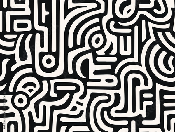 Fototapeta Perfectly seamless pattern, vector repeated abstract african texture. Tribal shapes background, black and white monochrome wallpaper