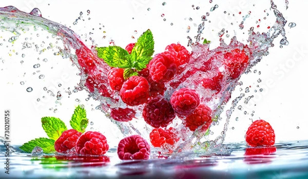 Fototapeta Raspberry splash with water drops and fresh berries 