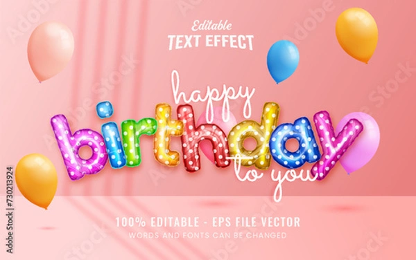 Fototapeta Happy birthday colorfull editable text effect with colorfull balloons decoration
