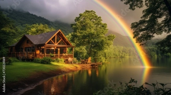 Fototapeta A rainbow arching over a charming riverside cabin