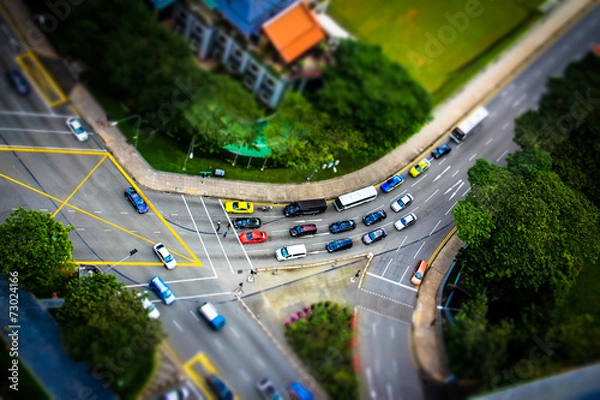 Fototapeta High Angle City Intersection. Busy Urban Traffic Background.