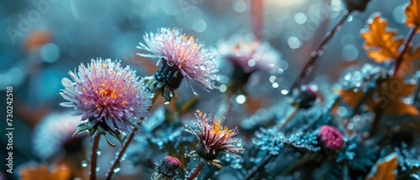 Fototapeta Numerous dandelions scattered across a green grassy field