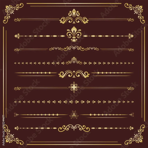 Fototapeta Vintage set of vector decorative elements. Horizontal separators in the frame. Collection of golden different ornaments. Classic patterns. Set of vintage patterns