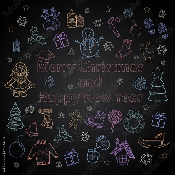 Fototapeta Happy New Year and Merry Christmas color set on a chalk board