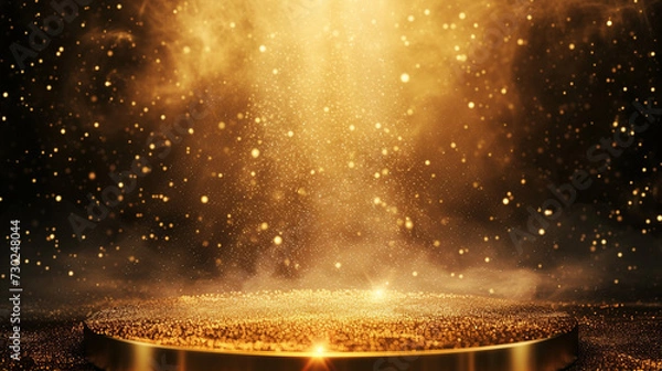 Fototapeta golden podium with stars glowing gold stage with glitter and light smoke on dark background