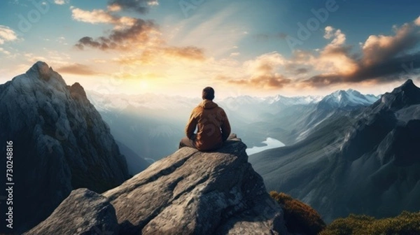 Fototapeta Person sitting on a rock, observing a vast mountain range, contemplating life's vastness and evaluating personal aspirations