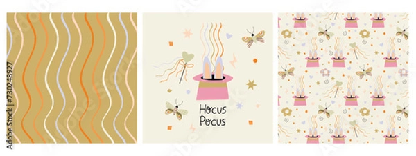 Fototapeta Set of patterns and print with a magic hat, butterflies and a magic wand. Great for fabric, textile.Vector Illustration