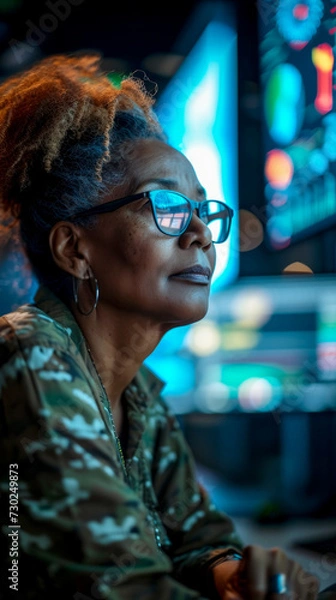 Fototapeta Professional military man working in a control center, using modern technology, monitoring national security management, army communications