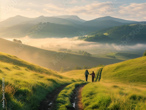 Fototapeta trekking, leading lines of the trail pointing towards distant rolling fog-covered hills at dawn.