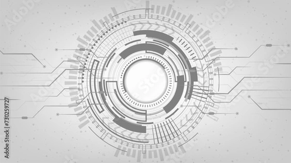 Fototapeta Grey white Abstract technology background with various technology elements Hi-tech communication concept innovation background Circle space for your text.  Structure pattern technology backdrop.