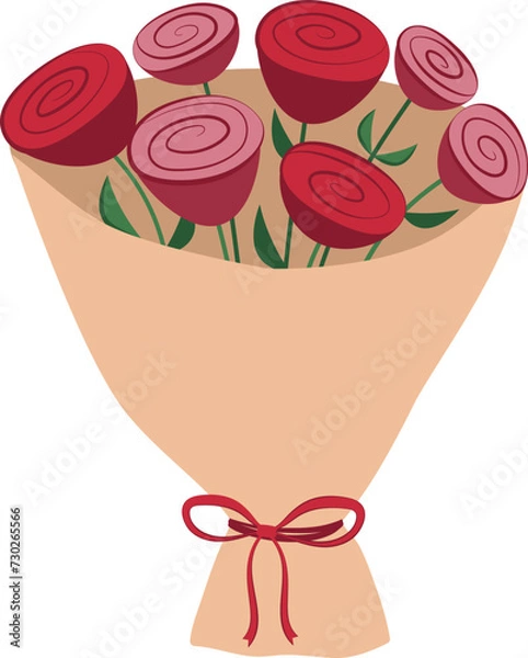 Fototapeta Vector bouquet of roses in paper packaging in flat style.