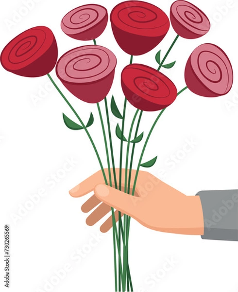 Fototapeta Vector bouquet of roses is held by a man's hand in a flat style.