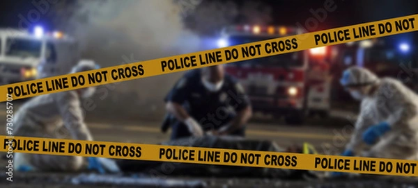 Fototapeta Nighttime crime scene with yellow tape, city lights, and police cars. Officer briefs detective on victim's body; forensics and paramedics at work