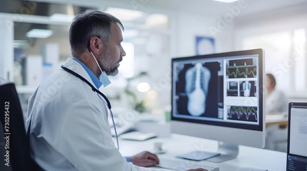 Fototapeta หมอกำลังนั่งอยู่ที่โต๊ะพร้อมคอมพิวเตอร์ หน้าจอที่ใหญ่กว่ากำลังแสดงภาพเอ็กซ์เรย์ หมอกำลังดูหน้าจอ