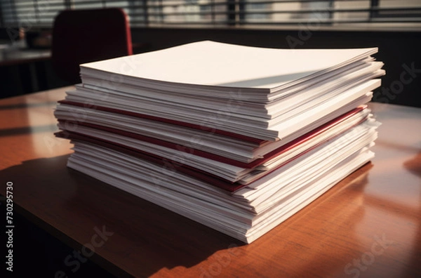 Fototapeta Stack of blank paper with binder clips on wooden table indoors