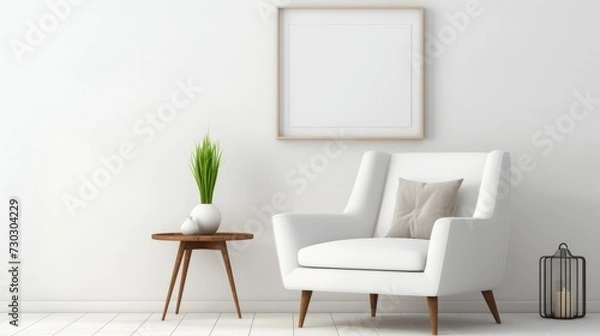 Fototapeta White living room interior with seat and commode with canvas mockup decoration. One copy space canvas frame