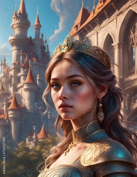 Obraz Regal Portrait of a Young Queen in Front of Her Enchanted Castle at Sunset