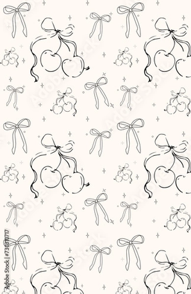 Fototapeta Trendy seamless pattern with bows and cherries. Trendy hair braiding accessory. Cute fun simple abstract vector background, texture for fabric