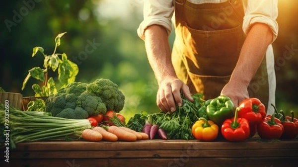 Fototapeta Selected fresh vegetables for health. Anonymous chef harvesting fresh vegetables on a organic vegetable farm, concept of healthy food, copy space