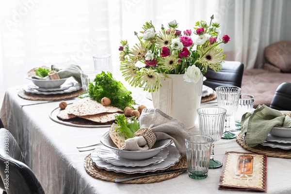 Obraz Festive Passover table setting . Pesach celebration