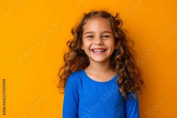 Obraz Joyful Radiance: Captivating Image of an Excited Girl in a Blue Top, Beaming with Smiles and Laughter Against an Isolated Orange Background, with Ample Empty Space for Creativity. generative ai