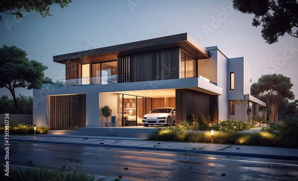 Obraz Car Parked in Front of Modern House