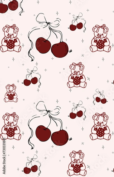 Fototapeta Seamless pattern with various cartoon cherries and bears.Valentine's day background.Vector illustration.